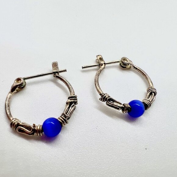 Vintage Silver Tone Hoop Earrings Blue Bead Wire Wrap Boho Gypsy Style Pair - Picture 2 of 9